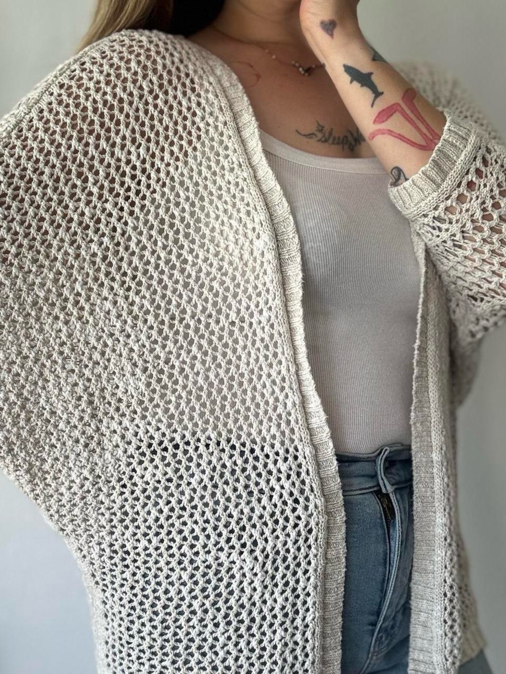 Light Cream Open-Weave Women’s Cardigan Sweater